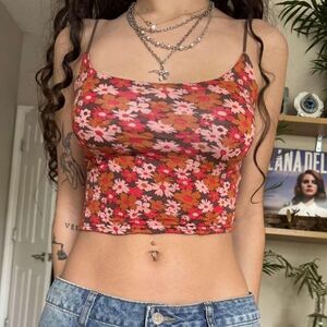 Pacsun Crop top red strappy floral shirt size S